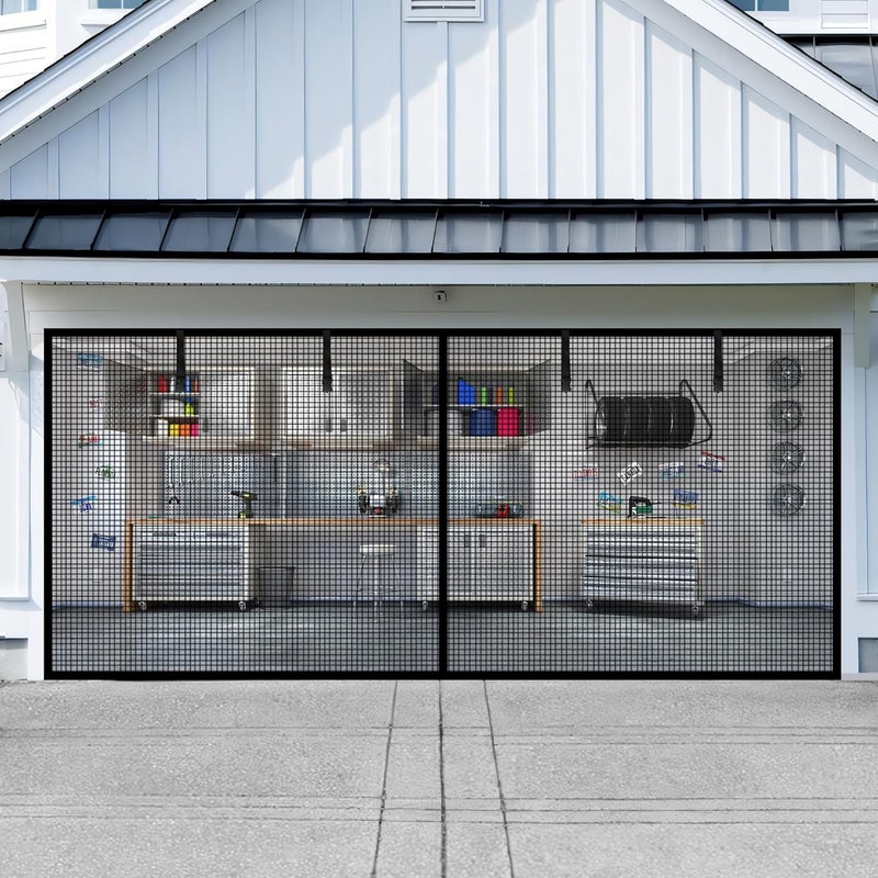 LIAMST Garage Door Screen for 1 Car Garage-9x7FT Magnetic Garage Screen Door,Upgraded Heavy Duty Polyethylene Terephthalate with 4 Roll Up Starps for Patio, Outdoor - Image 1